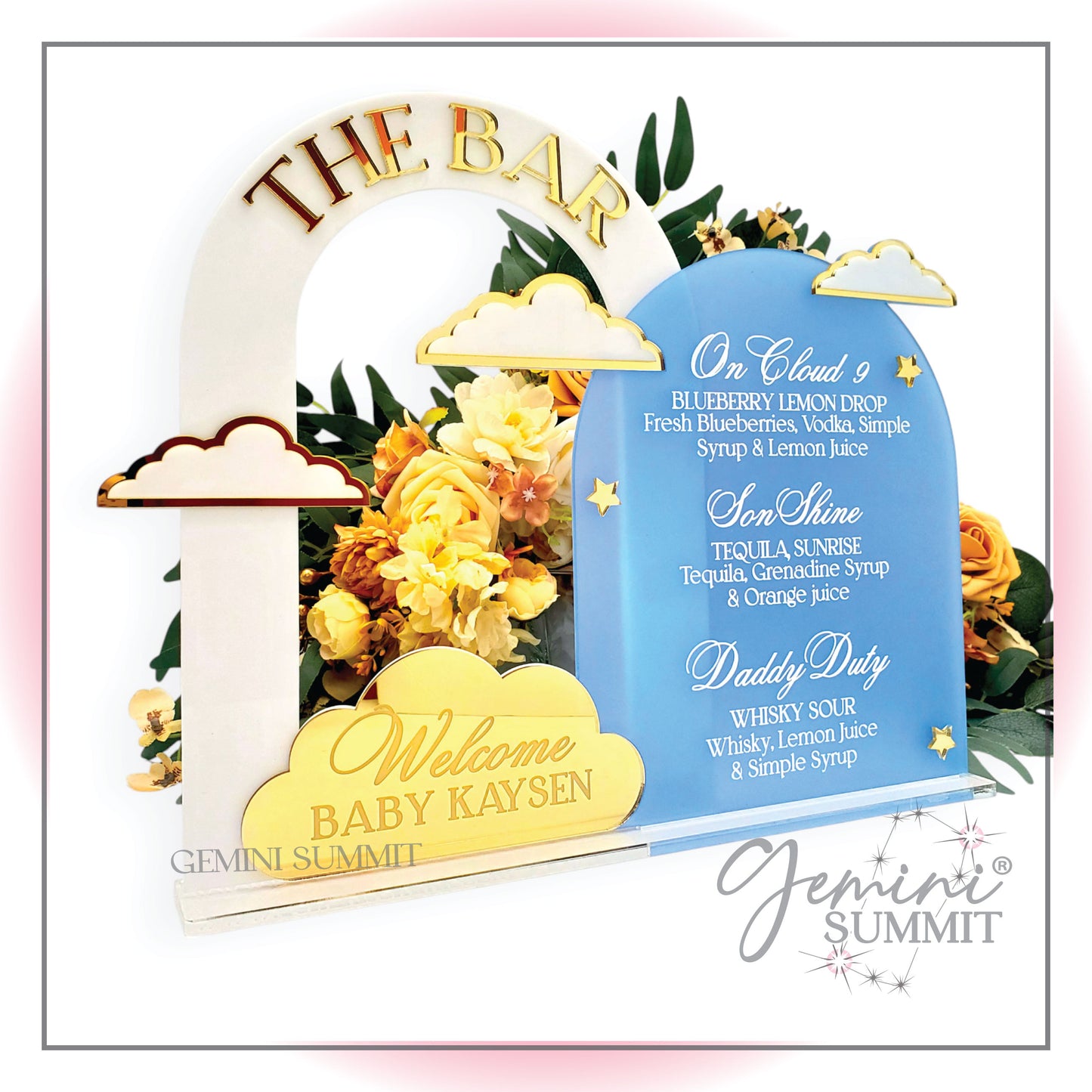Acrylic Bar Menu with Clouds and Stars, Baby shower decorations with 'The Bar' sign