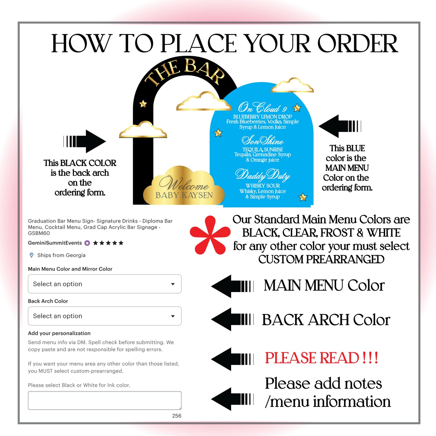 Instructions on how to place an order with color guidelines for menu design.