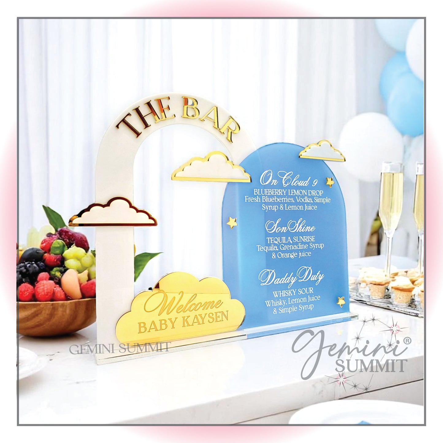 Acrylic Bar Menu with Clouds and Stars, Baby shower decorations with 'The Bar' sign