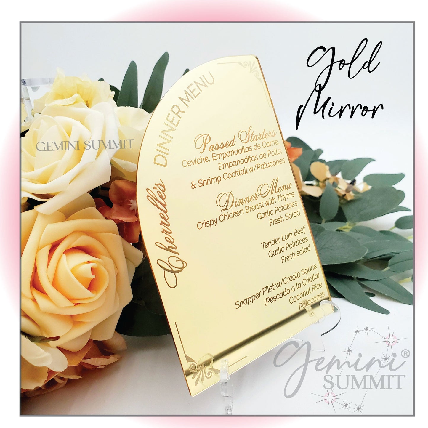 Half Arch Custom Mirror Acrylic Dinner Menu