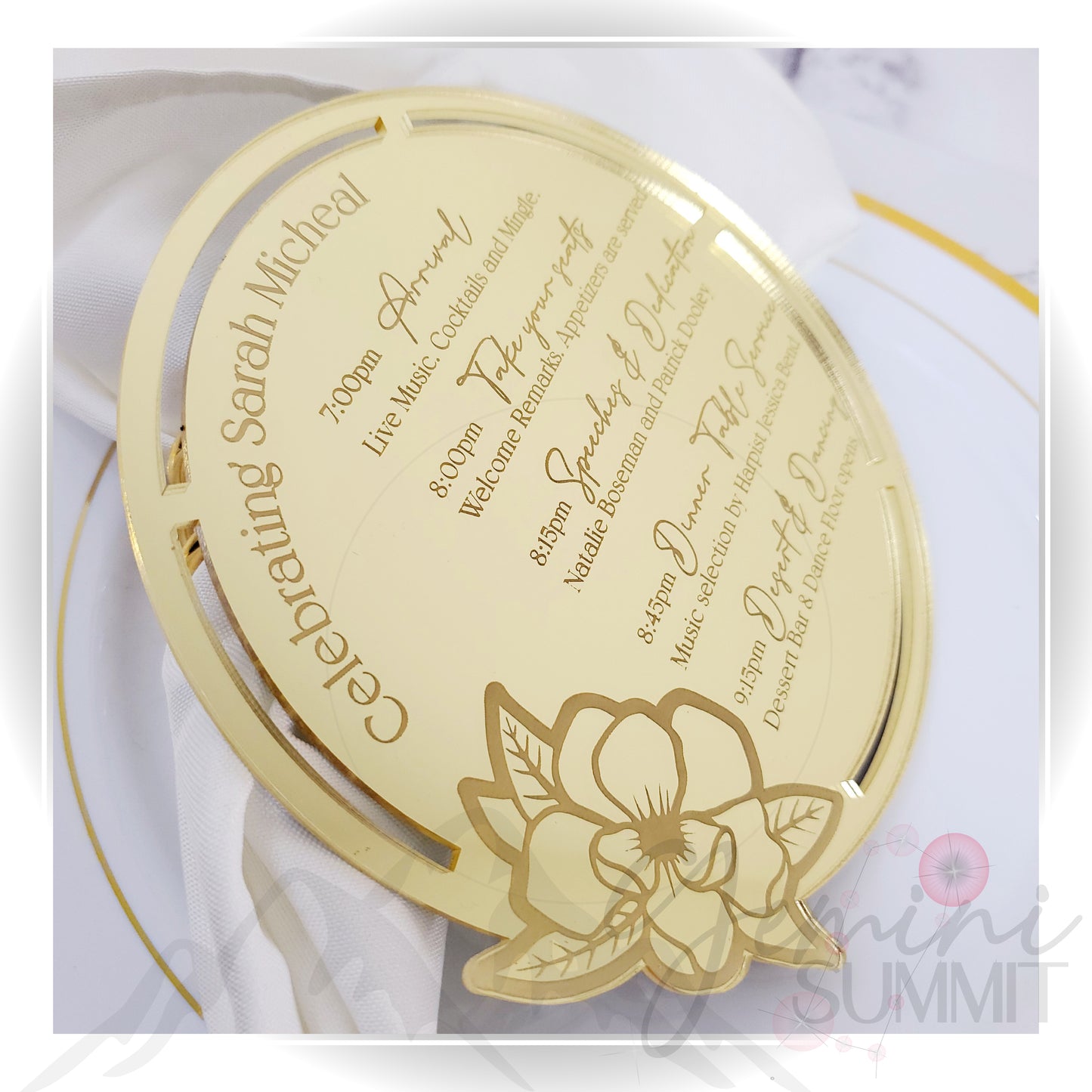 Custom engraved acrylic menu. Create your own dinner menu to wow your guest. Great decorations for wedding receptions, retirement parties, Birthday Parties, Baby Showers and Dinner parties.